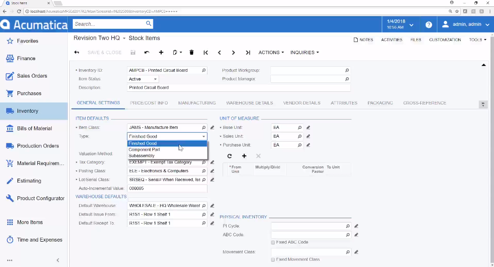 A SCREENSHOT OF SOUTH AFRICAN MANUFACTURING PRODUCTION MANAGEMMENT SOFTWARE ACUMATICA BRILLIANT LINK JOHANNESBURG RANDBURG GAUTENG